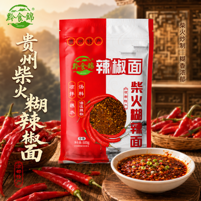 「图片1」1.品牌：黔食锦 2.净含量：500g 3.贵州柴火糊辣椒面 4.蘸水·凉拌·汤料·油泼辣椒 5.柴火炒制 糊香浓郁预览效果