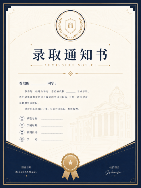 简约高级矢量风格录取通知书设计，预留学院名称和校徽展示位置，设计感强烈让人眼前一亮，整体精致大气，院校风格，简洁排版，矢量图形预览效果