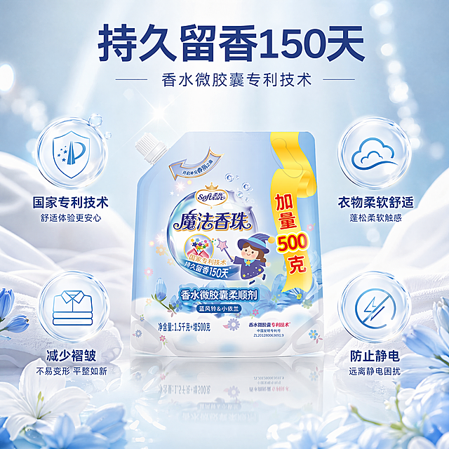 [主图-2] 魔法香珠柔顺剂核心功效亮点展示
[氛围风格] 干净清爽专业功效展示风格
[画质] 商业摄影质感，光线柔和通透，产品清晰真实，画面干净高级
[元素] 柔顺剂产品居中放置，保持产品外观颜色结构与原图一致，无变形色差。周围环绕四个核心功能图标和卖点文案，构图均衡，产品清晰为视觉中心
[光影] 均匀棚拍柔光，每个卖点区域光线均匀，产品主体突出，无死黑和过曝
[配色] 浅蓝浅灰干净底色，每个卖点配对应浅色系图标，文字深色对比清晰
[视角构图] 产品居中，亮点环绕式构图，层次分明主体突出
[文字版式] 顶部大字主标题"持久留香150天"，四个方位分别排列卖点：左上"国家专利技术"配专利徽章图标，右上"衣物柔软舒适"配云朵图标，左下"减少褶皱"配平整衣物图标，右下"防止静电"配防静电图标，每个卖点图标在上文字在下，清晰整齐，文字不遮挡主体
[比例分辨率] 1:1比例，4k分辨率，文字清晰锐利，画面超高清
[负向提示词] 变形，水印，文字错乱，产品模糊，背景杂乱，卖点重叠，遮挡主体
