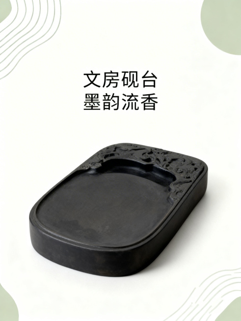 电商主图，主体是古典砚台，添加文案"文房砚台 墨韵流香"，沿用同款淡雅清新莫兰迪色系，弱对比低饱和度色调，融入简约线描设计，结合平面设计风格，商品主体居中展示，画面干净饱满，和参考风格统一，整体简约高预览效果
