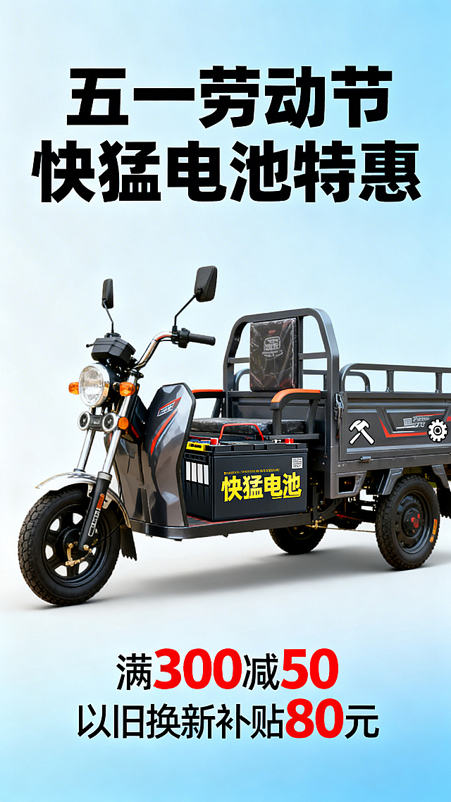 劳动节促销主题铅酸电池海报，画面中有三轮电动车，突出展示快猛电池，五一劳动节氛围，设计简洁醒目，添加劳动节促销文案