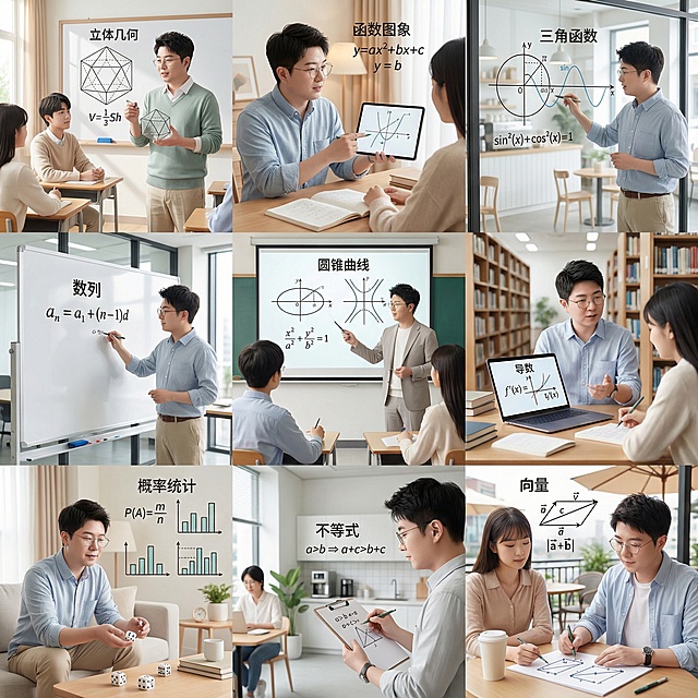 帮我生成关于高中数学的九宫格图片，要有老师和学生，老师的脸帮我设计成这张图片的，学生是中国人，场景是教室、家里、办公室、咖啡厅等，帮我生成20张