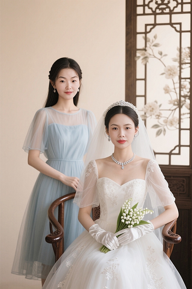 杏色背景，有中式花窗，身着洁白柔纱刺绣婚纱的新娘与穿浅蓝色雪纺连衣裙的闺蜜，新娘戴手套手持铃兰捧花，新娘坐在中式椅子上，闺蜜站在新娘身后，新娘戴精美钻石项链，奶油色暖调光影，超高清写实。