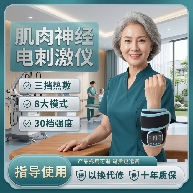 基于原图修改：保持产品（肌肉神经电刺激仪）外观和位置完全不变，更换不同模特，改变肢体动作姿势，更换背景为干净明亮的医院康复中心室内场景，保留全部卖点文字内容：肌肉神经电刺激仪 三挡热敷 8大模式 30预览效果