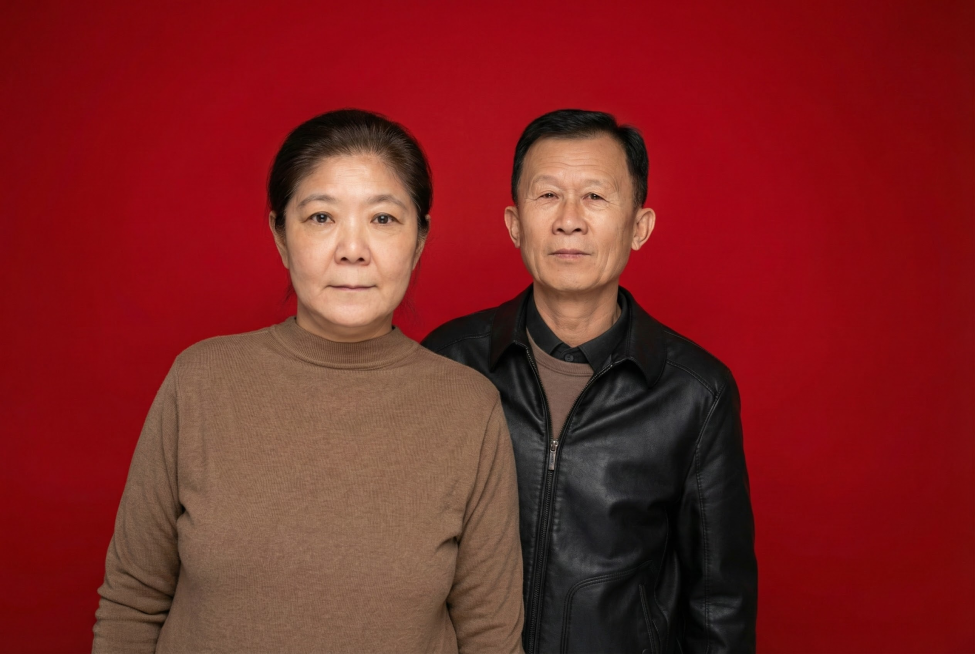 结婚登记照，红色纯色背景，肩部以上肖像，面对镜头，发型整洁，自然光感，影棚灯光，超写实摄影，8K高清，人物脸部不变预览效果