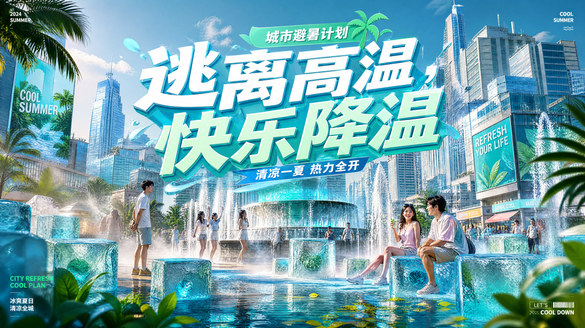 城市避暑计划主题KV，现代都市天际线，高温城市中的清凉绿洲，巨型透明冰块，喷泉装置，水雾系统，年轻人在城市广场休闲互动，热浪与冰爽对比，薄荷绿与冰川蓝主色调，夏日生活方式场景，高级商业广告视觉，3D立预览效果