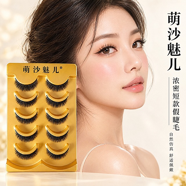 淘宝天猫电商主图，1:1正方形，日系妆容风格，人物+产品+文字组合。日系妆容模特侧脸展示眼妆效果，假睫毛为整体式浓密短款，眼角眼尾偏短，浓密纤长适中。左侧展示产品实物金色托盘，右侧竖排文字"萌沙魅儿""浓密短款假睫毛""自然仿真 舒适佩戴"，不要细节放大图、使用说明图、价格图，高级简约美妆风