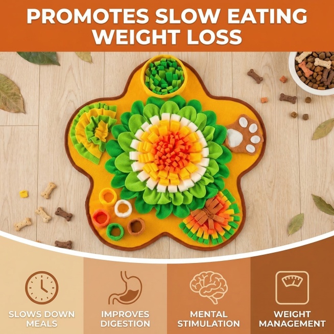 生成一张欧美跨境电商详情页，产品保留原图的宠物吻嗅垫不变，不要白底背景，展示帮助宠物慢食减肥的特性，在画面显眼位置添加突出英文"PROMOTES SLOW EATING WEIGHT LOSS", 尺预览效果