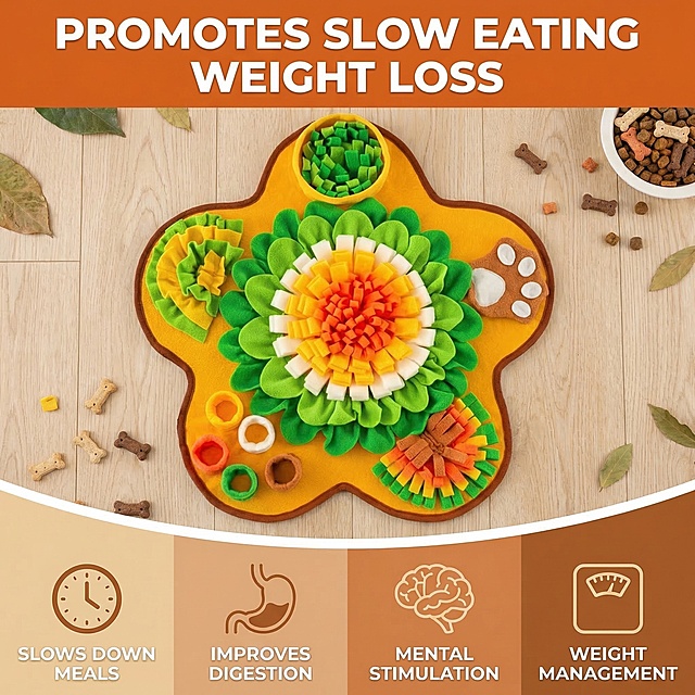 生成一张欧美跨境电商详情页，产品保留原图的宠物吻嗅垫不变，不要白底背景，展示帮助宠物慢食减肥的特性，在画面显眼位置添加突出英文"PROMOTES SLOW EATING WEIGHT LOSS", 尺寸1000x1000像素，单张图单产品，使用切片设计，产品不裁切。