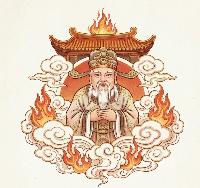 将图变为插画风格，去掉下方的文字和红色文字方框区域，保留人物、祥云、火焰、中式屋顶部分预览效果