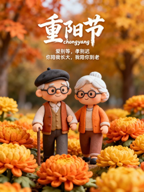 3D卡通渲染风格，平视视角，居中构图，一对卡通黏土质感的老年夫妇，老爷爷戴眼镜、贝雷帽，身着休闲外套与背心，老奶奶白发戴眼镜穿休闲装，相互扶持立于形态饱满的橙黄色菊花丛中，背景是模糊秋景（橙黄叶树木）预览效果
