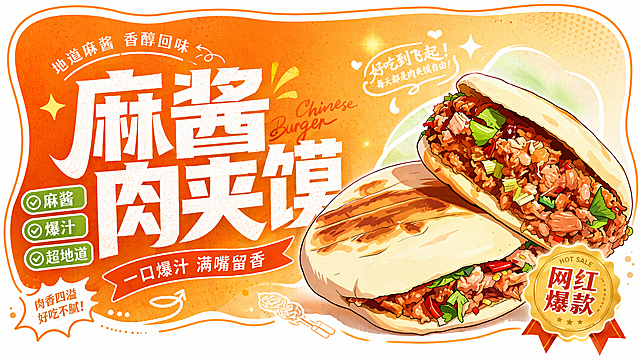 卡通感插画风设计，大字风标题突出“麻酱肉夹馍”，搭配噪点与印刷风纹理，营造喜庆促销氛围，突显网红爆款美食的诱人质感。