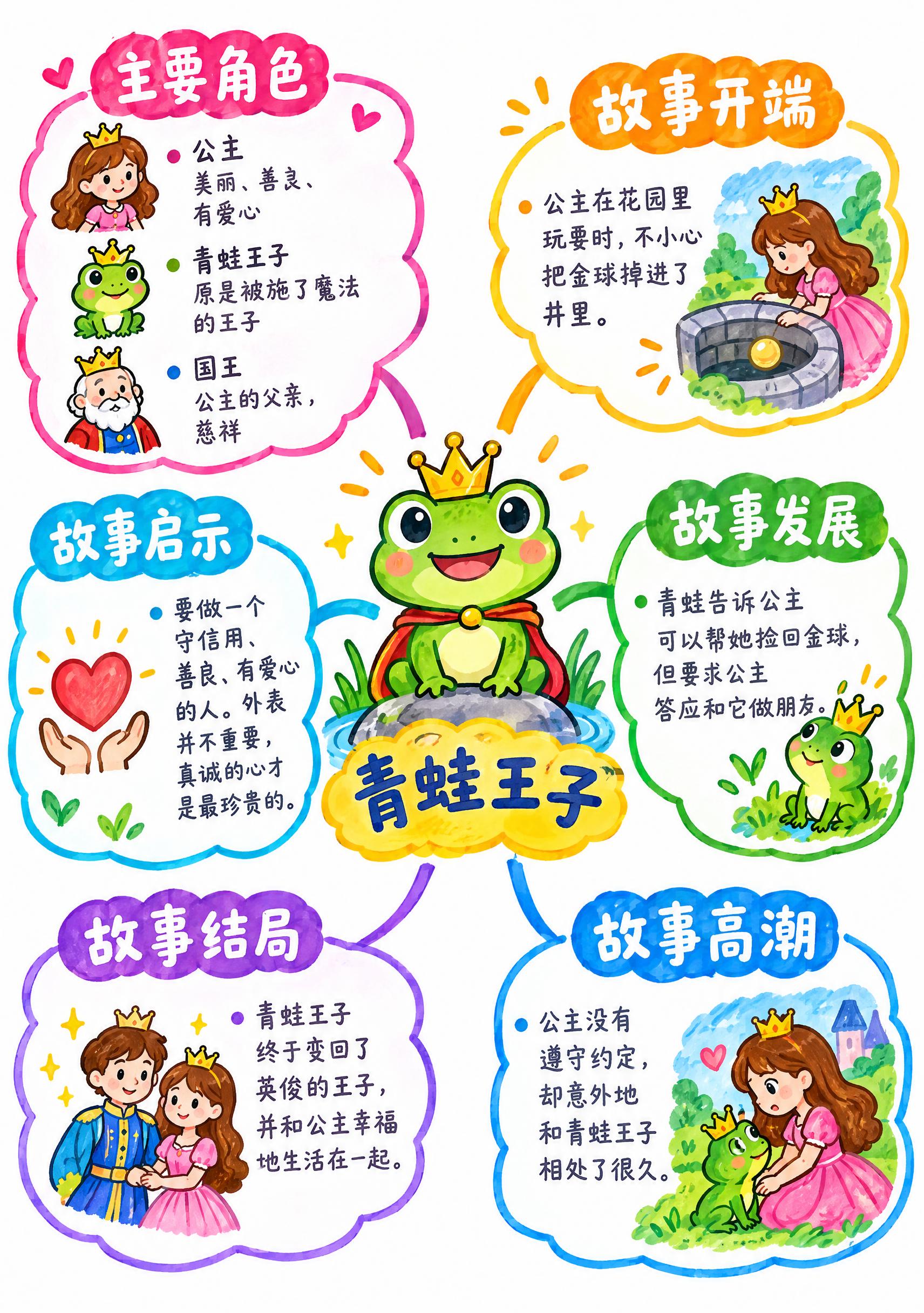 青蛙王子童话故事思维导图，马克笔手绘风格，白色背景，A4竖版。… - 图片创意预览
