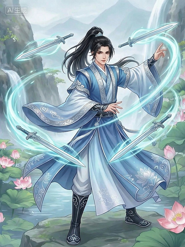 「图片1」类似画风的古装仙侠图，青年剑士，黑色高马尾清俊面容，身着蓝白渐变广袖长袍，银色云纹镶边，衣摆绘莲花暗纹，操控五柄银色飞剑，周身青白色剑气环绕，脚蹬黑色云纹靴，线条飘逸，