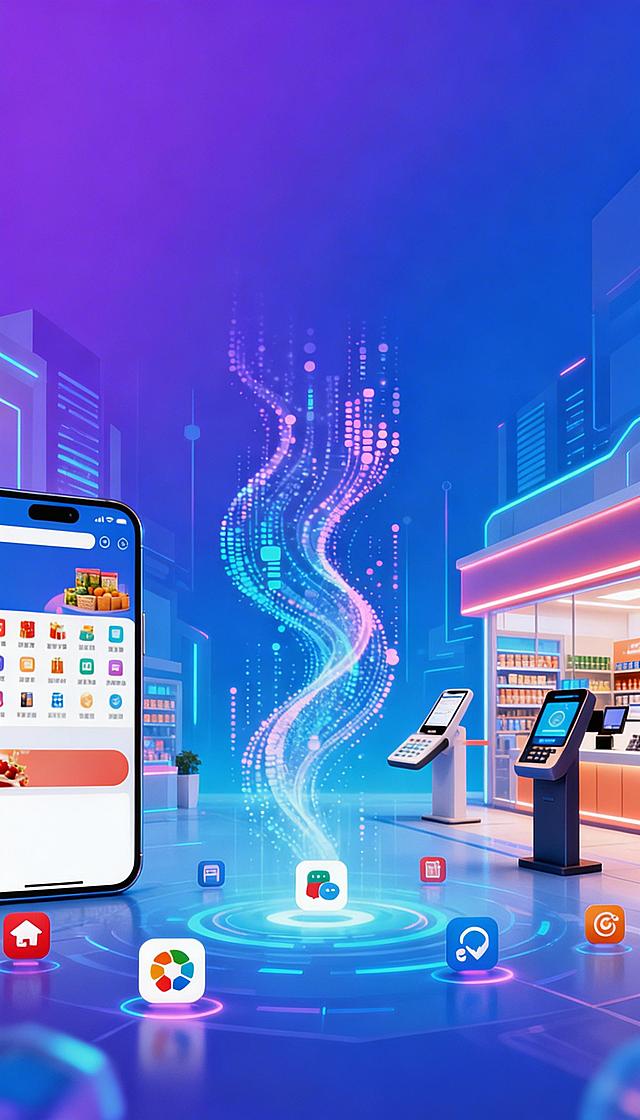 赛博朋克风3D场景，霓虹灯辉映未来商店，粒子流连接手机与虚拟界面，科技感十足的互动体验。