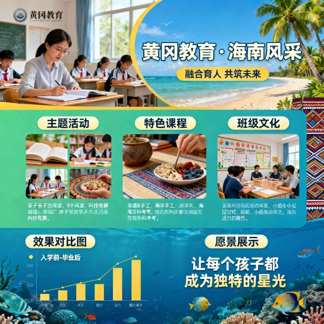 预期效果

文化特色：黄冈教育品牌+海南地域文化

育人环境：环境优美、文化氛围浓厚

活动体系：主题活动+特色课程+班级文化

社会影响：提升品牌形象，增强招生吸引力

视觉元素：效果对比图、愿景展预览效果