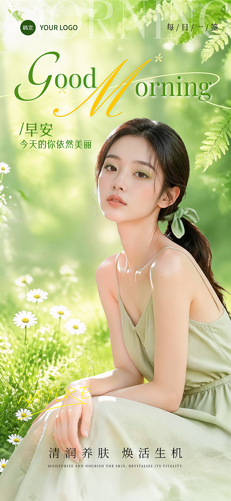 初夏美业皮肤管理早安问候森系清新风朋友圈全屏竖版海报