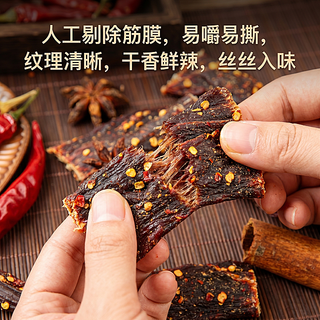 电商卖点图，展示撕开的风干鸭胸肉纹理，配文字文案"人工剔除筋膜，易嚼易撕，纹理清晰，干香鲜辣，丝丝入味"，美食摄影风格，特写质感