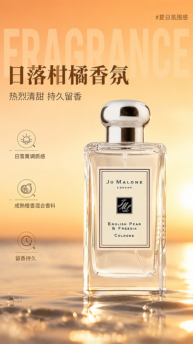 复刻参考图https://2.png的版式骨架和高级清透质感，保留参考图的构图分区、字体层级和光影氛围。产品主体使用商品图https://1.jpg的祖玛珑英伦梨与小苍兰香水，100%还原原图产品外形、包装、LOGO、印刷文字，保持瓶型、轮廓、结构、比例、瓶盖、标签版式、品牌logo、文字信息、材质质感与原图一致。背景为暖调日落黄渐变，呈现清透高级氛围感，主标题为"日落柑橘香氛"，副标题为"热烈清甜 持久留香"，装饰文字为"#夏日氛围感"，卖点文字分别为"日落黄调质感"、"成熟橙香混合香料"、"留香持久"，整体为写实商业摄影风格，画面层次分明，版式精美，主体突出，比例9:16，产品为香氛，保持清透高级的商业质感，文字清晰不遮挡主体。