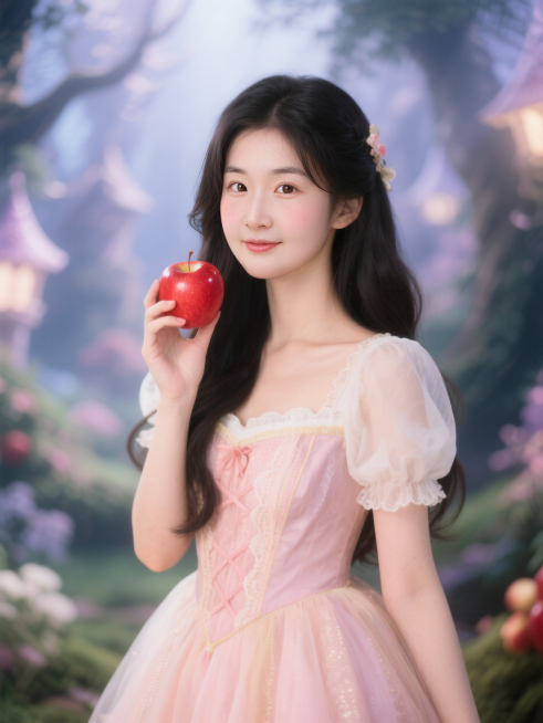 在童话世界里，女孩身着公主的衣服，手里拿一个红苹果，正面人像，高清人像摄影，虚实结合，画面氛围渲染预览效果
