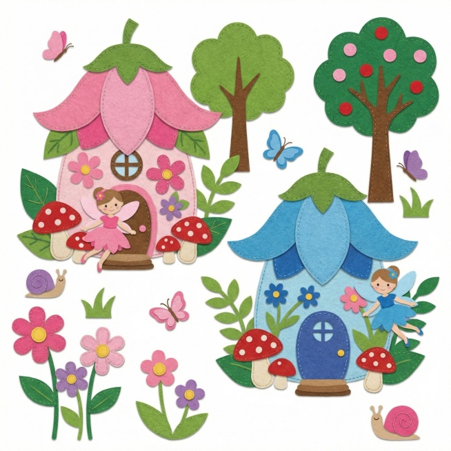 平面矢量风格，多层不织布质感，画面主体是两个不同颜色仙女的花房子场景，白色背景预览效果