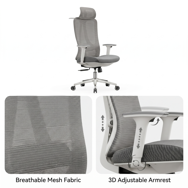[Detail 3] Premium Fabric & Adjustable Armrest detail display. Split layout, upper part is the overa预览效果