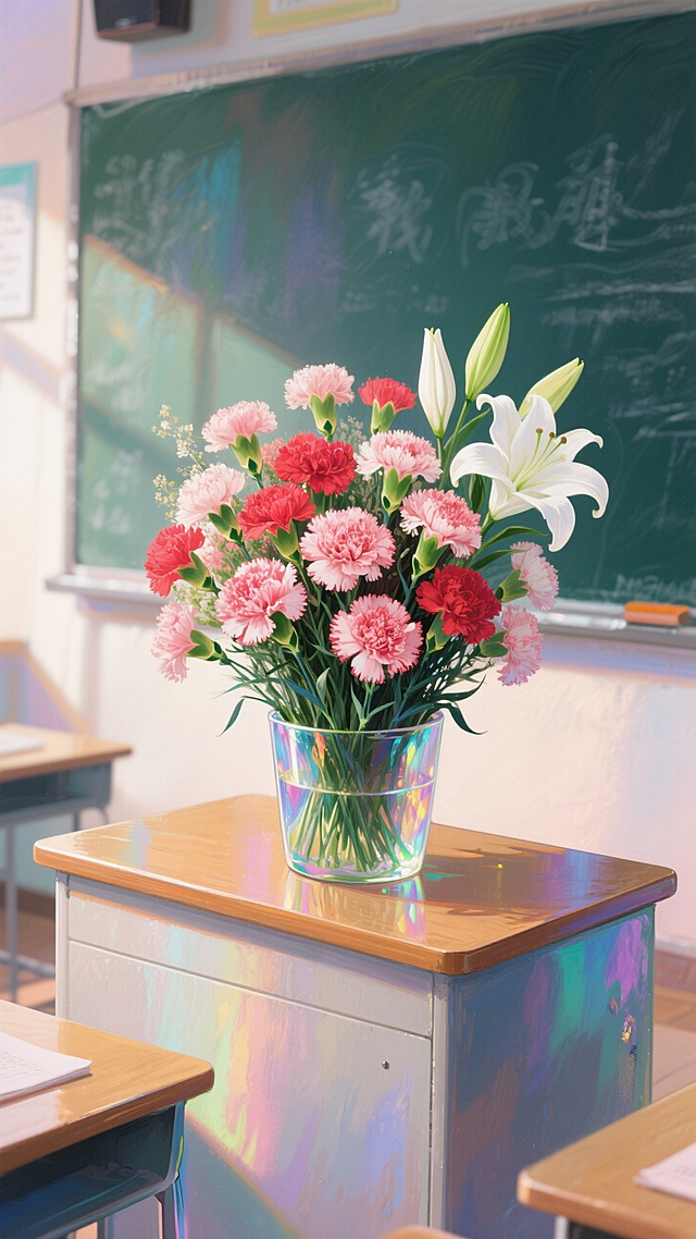 清新水彩插画风，教室里的康乃馨与百合，温馨节日氛围。