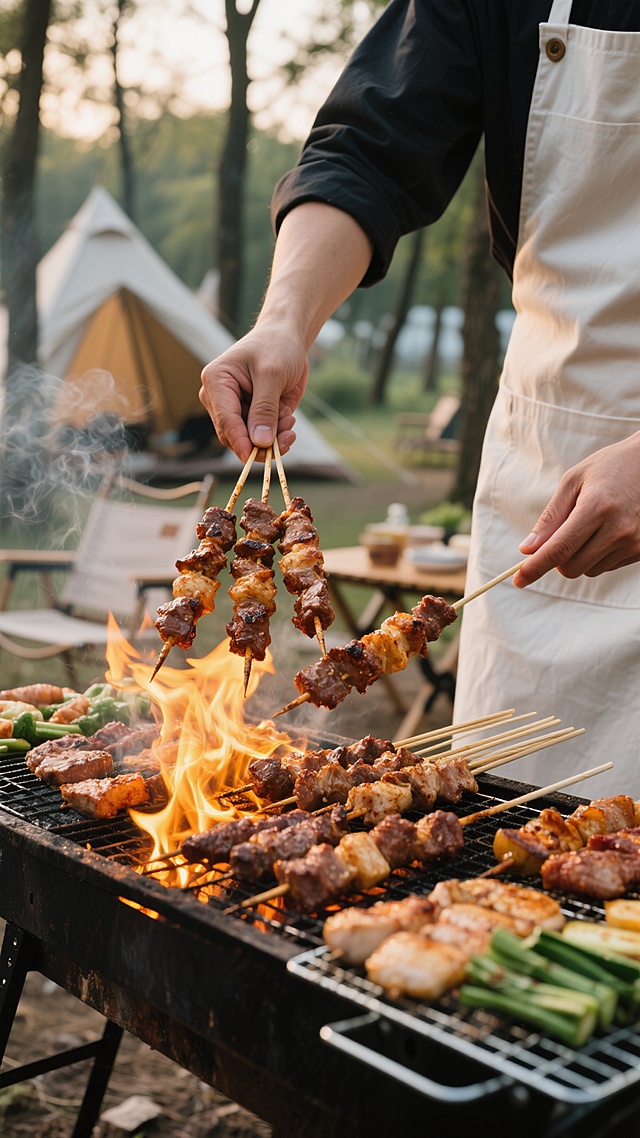 写实风格美食摄影，特写镜头下一位穿着白色围裙的厨师正在户外露营环境中烧烤，左手握着几串滋滋冒油的烤肉串正从炭火上拿起，右手也持着烤串，烧烤架上摆满了各种烤肉和烤蔬菜，火焰熊熊燃烧，升腾起袅袅青烟，肉质呈现出诱人的焦香色泽和清晰纹理，周围是自然的露营场景，有帐篷、树木和户外桌椅，整体色调温暖，光影对比强烈，突出食物的质感和烧烤的烟火气，营造出户外露营烧烤的热闹、惬意氛围。