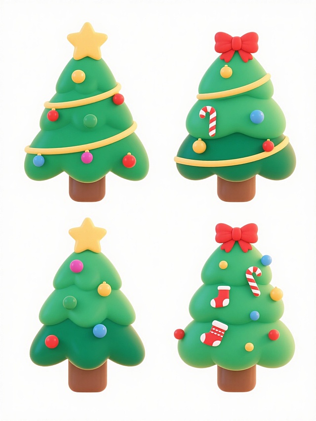 4个不同样式、不同装饰、不同造型的圣诞树，白色背景，排列整齐，卡通风格，绿色树冠，棕色树干，圆润饱满的线条，明亮鲜艳的色彩，顶部有不同形状的装饰，如星星、蝴蝶结等，树上挂着各种彩色的圣诞饰品，如球形彩饰、糖果棒、红色蝴蝶结、小袜子等，整体画面简洁明快，充满节日氛围，每个圣诞树都有独特的装饰细节和造型设计，布局对称工整。