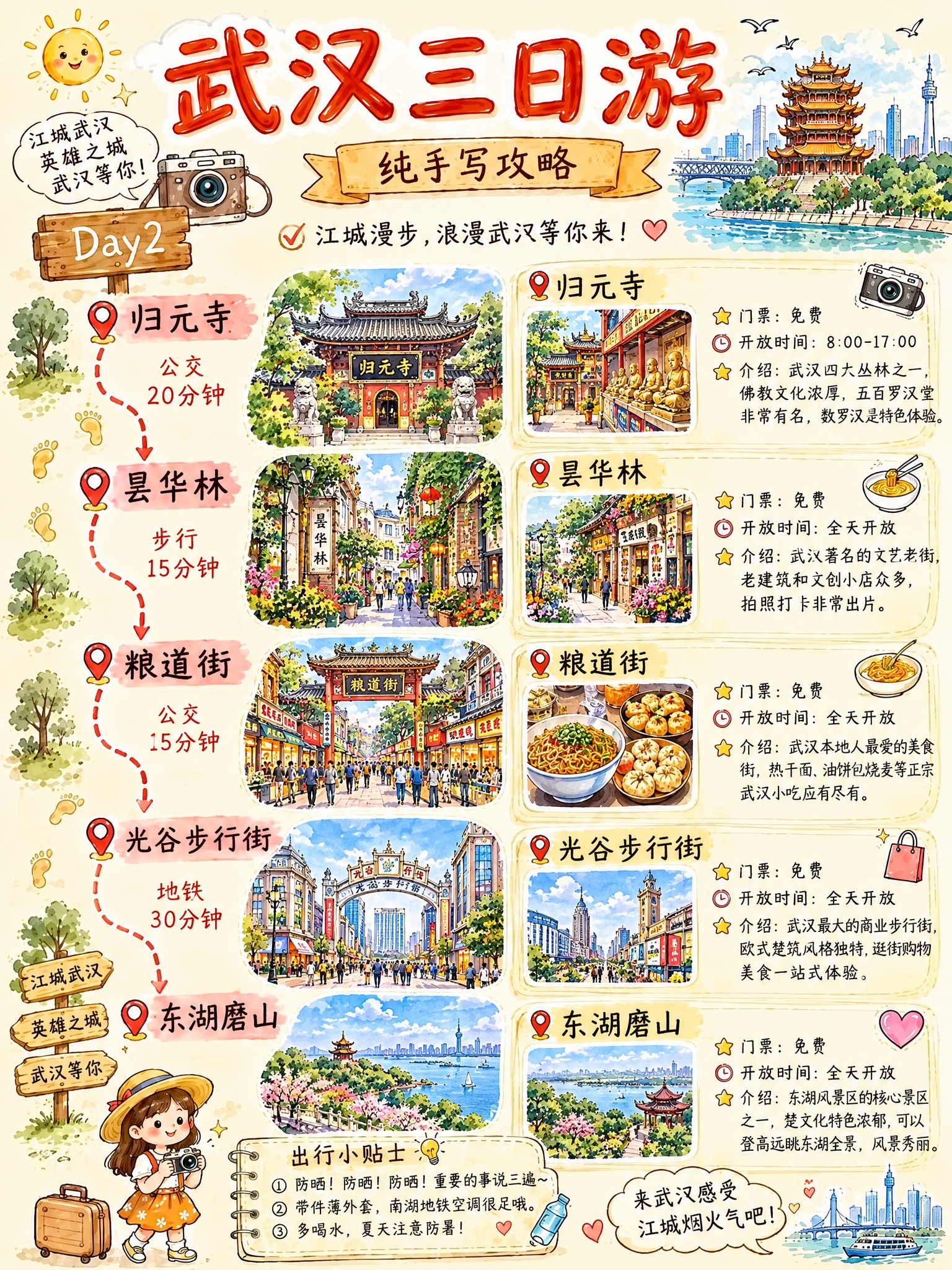 将这张武汉三日游Day2行程的景点全部替换，确保与Day1（黄… - 图片创意预览