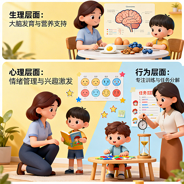 帮助孩子从生理、心理、行为三个层面，真正把专注力练出来，育儿主题科普插画，明亮温馨风格，亲子教育场景