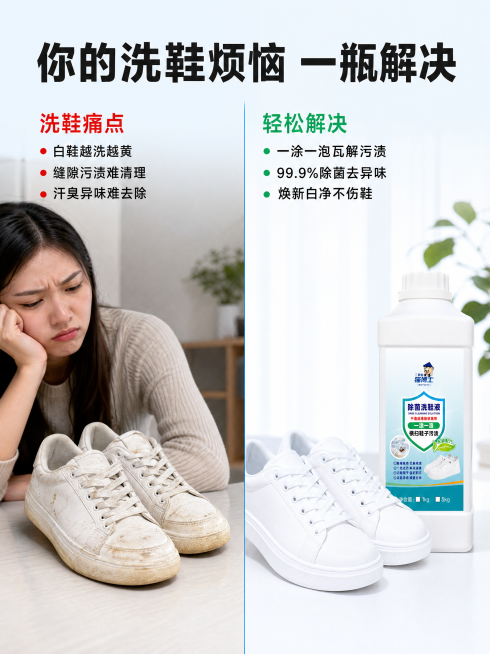 [第2屏] 痛点唤醒对比屏-脏鞋痛点与产品解决效果对比。
[氛围/风格] 真实场景对比风，干净明亮，商业摄影质感，突出痛点解决前后差异。
[元素布局] 画面采用左右分栏结构：左侧展示脏鞋痛点场景，摆放预览效果