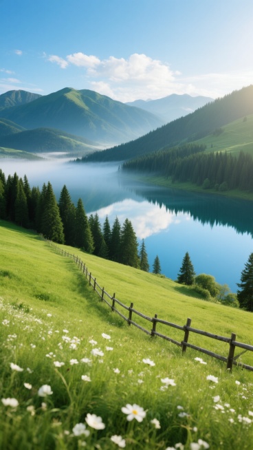 清晨阳光照耀下的山间草原风光，远处连绵起伏的墨绿色山峦在薄雾中若隐若现，近处青翠的草原上点缀着白色的野花，一条蜿蜒的木栅栏沿着缓坡延伸，草原尽头是平静如镜的蓝色湖泊，湖面上倒映着蓝天白云和岸边茂密的针叶林，清新的空气仿佛带着青草与松木香，画面呈现出明亮通透的自然写实风格，色彩以翠绿、湖蓝、墨绿和白色为主，光影柔和，营造出宁静悠远的户外氛围。预览效果