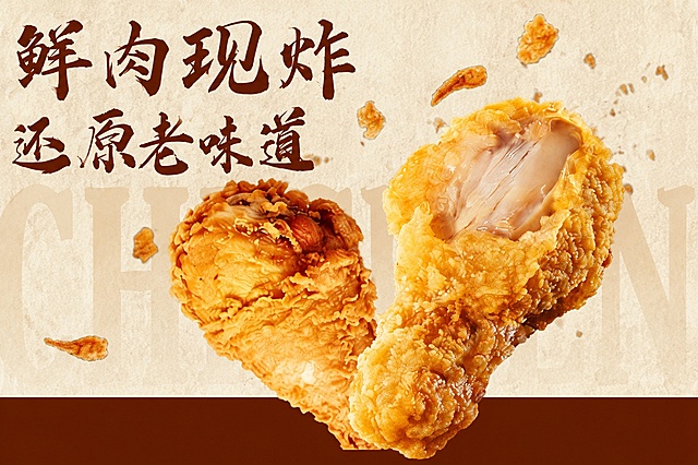 参考图片的整体风格，重新生成第二张图，保留原来的一级标题、背景和炸鸡图片，删除其他文字和元素