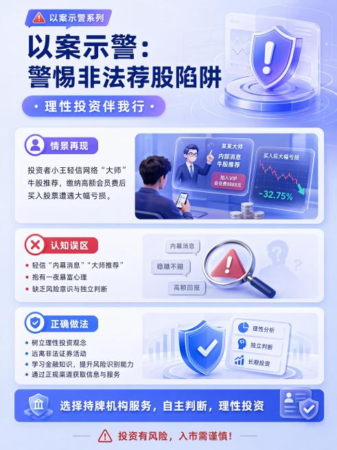 生成一张金融行业每日常态化理性投教海报。
物料类型：案例分析
主题：以案示警系列
面向人群：通用投资者
标题："以案示警：警惕非法荐股陷阱"
主句："理性投资伴我行"
主体解释："投资者小王轻信网络‘预览效果