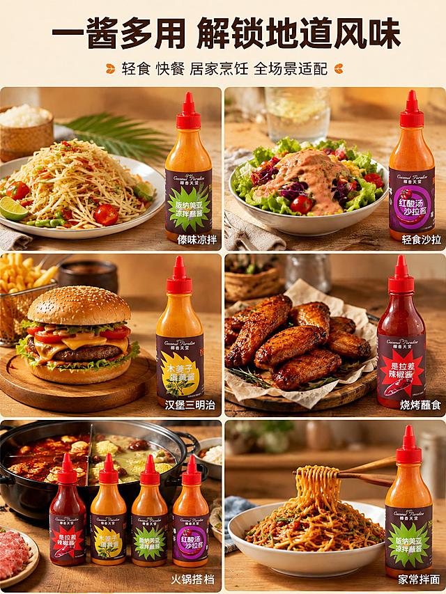 图生图：严格保持原图六宫格美食场景、菜品照片、标题「一酱多用 解锁地道风味」及每格下方的用法文字完全不变。将每格中出现的酱料瓶瓶身标签替换为对应新品标签（Coconut Paradise 椰香天堂品牌）：「版纳美亚凉拌蘸酱」用参考图中的绿色标签、「红酸汤沙拉酱」用参考图中的紫色标签、「木姜子蛋黄酱」用参考图中的黄色标签、「是拉差辣椒酱」用参考图中的红色标签；最下方「火锅搭档」一格中的四个小瓶按同样对应关系替换标签。瓶身形状、红色瓶盖、瓶内酱料颜色与原图一致，新标签logo、文字、图案原样保留、清晰无乱码。画面中所有「花马天堂」字样改为「椰香天堂」，其余文字保持不变。