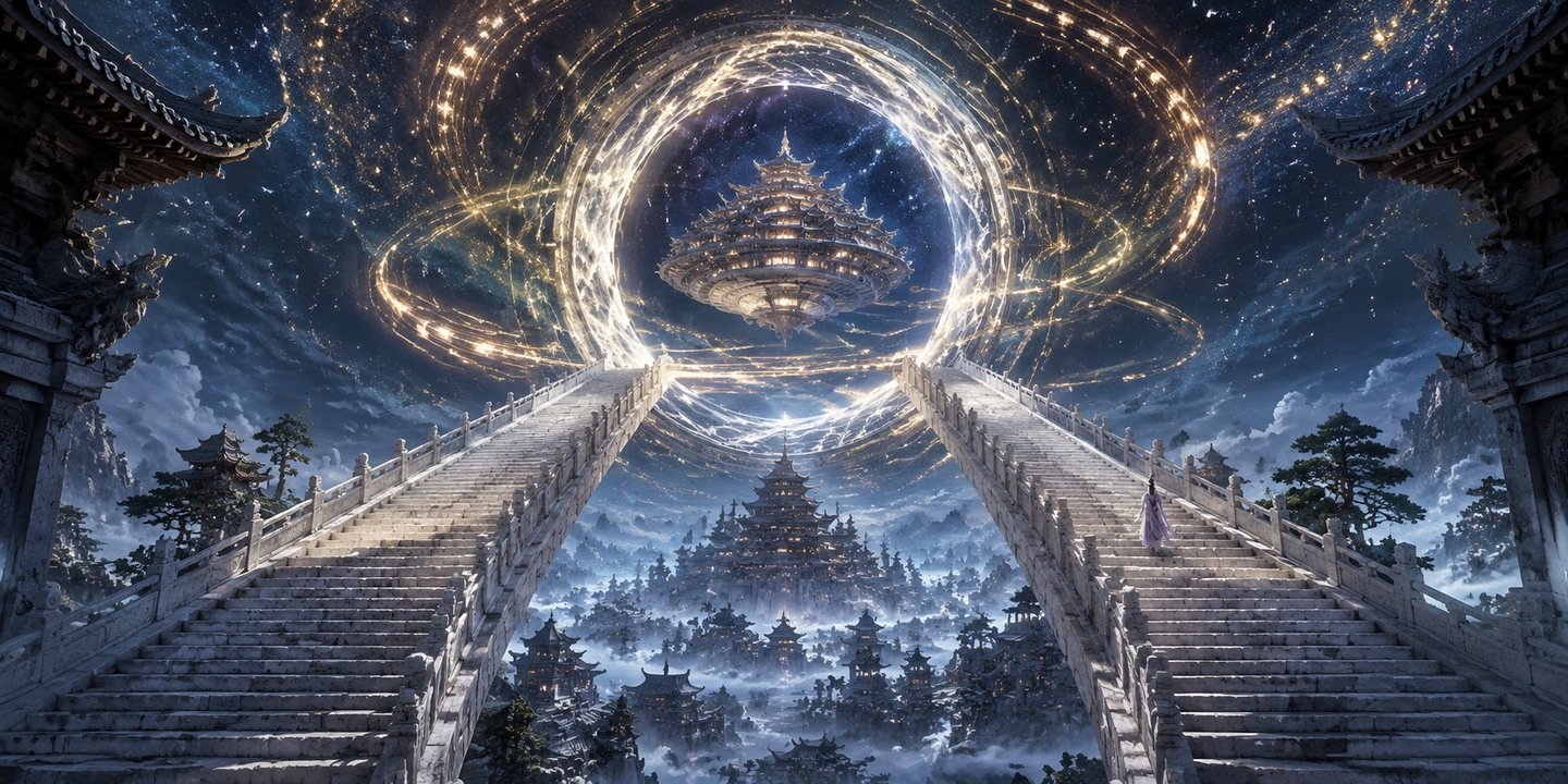对称低角度仰视纵深广角构图，画面左右两角露出对称深色中式石雕飞… - 图片创意预览