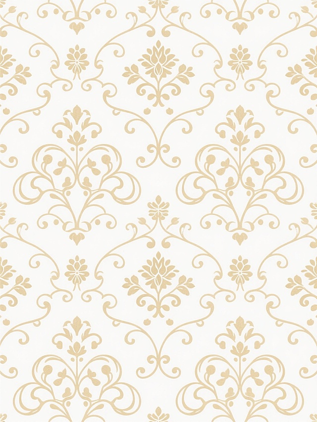干净风格的欧式花纹无缝背景图案，白色背景上装饰着优雅的金色欧式卷草纹、花卉纹样，线条流畅细腻，图案排列整齐有序，整体呈现出古典、精致且和谐的视觉效果，适合作为背景用途。