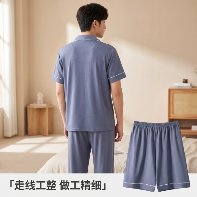 [主图 3] 男士三件套睡衣背面展示图。
[氛围风格] 简约居家舒适风，整体风格与前两张主图保持完全统一；
[画质] 商业摄影质感、光线柔和通透、产品清晰真实、画面干净高级。
[元素] 同一位年轻亚洲预览效果