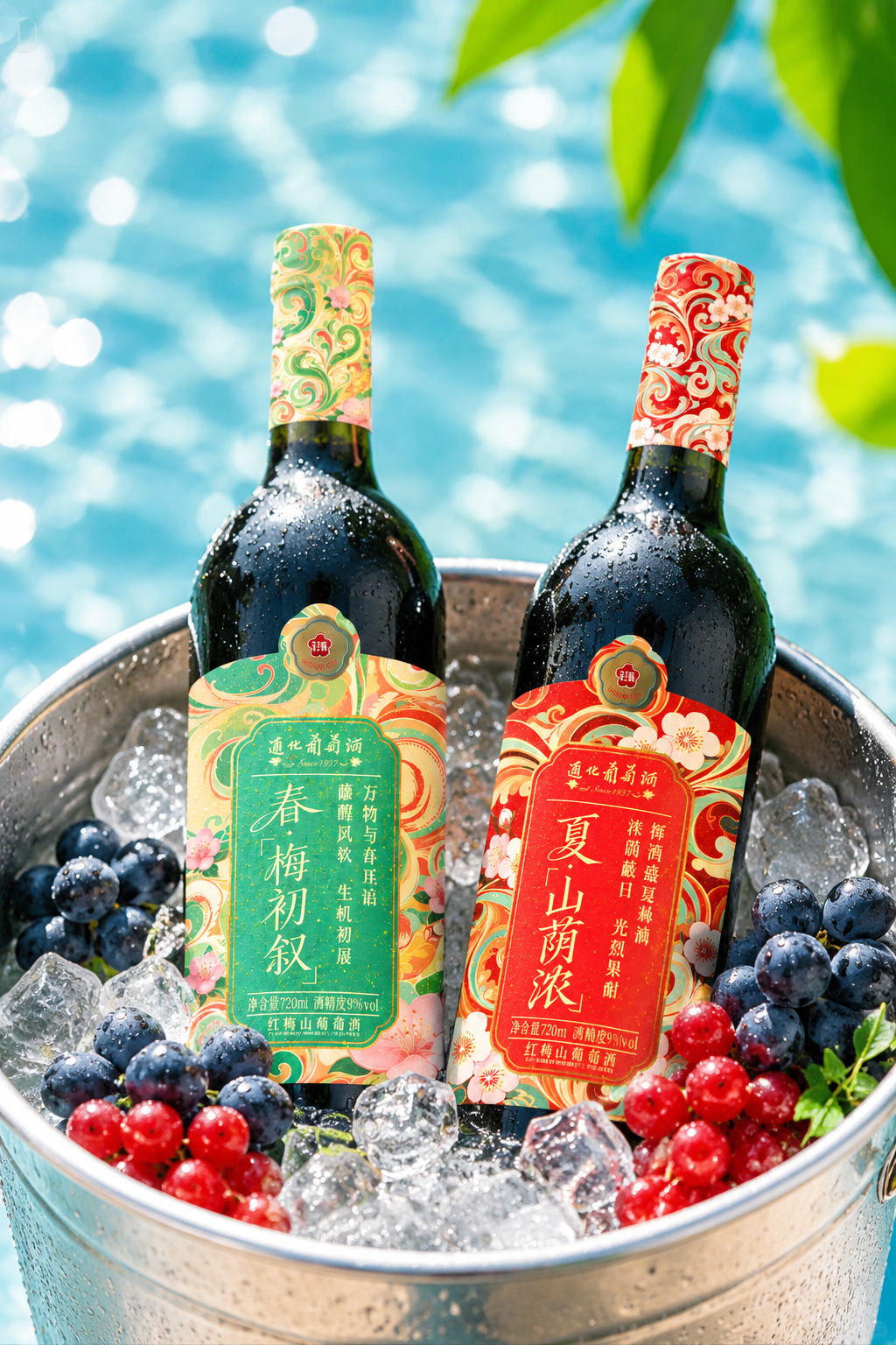 参考第一张图的夏日冰饮场景构图与光影风格，将画面中的两瓶饮料替换 - 图片创意预览