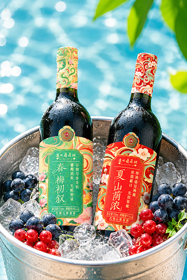参考第一张图的夏日冰饮场景构图与光影风格，将画面中的两瓶饮料替换为第二张图中的两瓶通化葡萄酒（左侧绿标春·梅初叙、右侧红标夏·山荫浓，保留瓶身标签与瓶盖的完整设计），将画面中的荔枝和橙子替换为蓝葡萄和红浆果，两瓶酒放置在装满冰块的金属冰桶中，背景为夏日泳池水面光斑与绿叶，阳光明媚，清凉夏日氛围，水珠质感，高清明亮