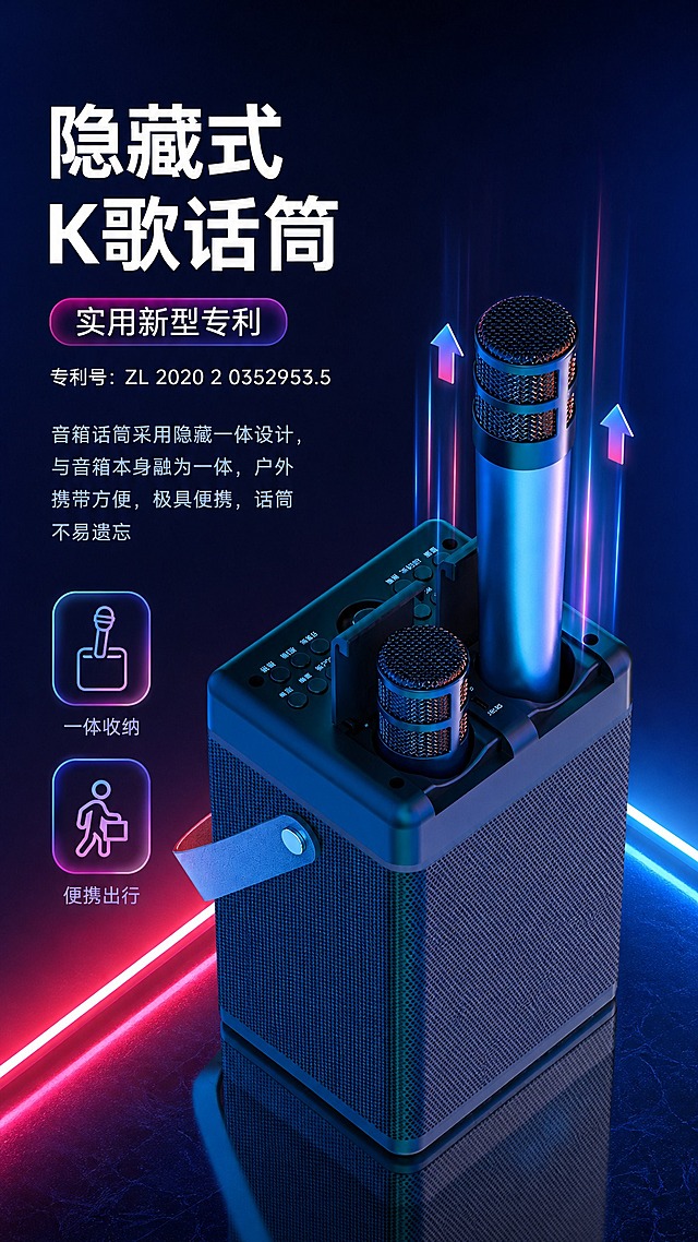 [商品] 使用【图1】隐藏式K歌话筒展示图；保留音箱顶部话筒收纳槽结构、双话筒插入状态、按键面板、皮质提手、产品颜色与材质，不改变产品原貌。
[画面] 目标：突出隐藏式话筒专利设计核心技术。产品居中偏右占画面55%，话筒从收纳槽中升起的动态感，左侧为文字说明区。背景为深蓝渐变+红色霓虹光带从左下角延伸，营造科技感。
[视觉] 套系策略：风格=3C数码科技商业渲染风；标题字=粗黑无衬线字体；正文字=简洁无衬线体；主色=深蓝紫；背景延展=深蓝紫渐变+霓虹红蓝光效+深色反光地面；强调色=霓虹粉紫；标题色=白色；正文色=浅灰蓝；组件=圆角半透明信息卡、细线引线、发光标签；光影=侧前冷光+红蓝轮廓光。
[文字] 左上主标题"隐藏式K歌话筒"，粉紫色标签"实用新型专利"，专利号"ZL 2020 2 0352953.5"，下方说明文字："音箱话筒采用隐藏一体设计，与音箱本身融为一体，户外携带方便，极具便携，话筒不易遗忘"。配2个小图标："一体收纳""便携出行"。
[规格] 图片比例9:16竖版，4K，负向提示：避免产品结构改变、话筒变形、颜色偏差、文字错漏、白底。
