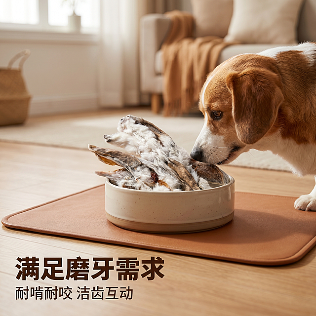 [主图 4] 宠物零食使用场景展示主图。[氛围风格] 生活化真实场景，增强代入感。[画质] 商业摄影质感、光线柔和通透、产品清晰真实、画面干净高级。[元素] 带毛风干兔耳放置在宠物食盆中，背景是温馨干净的客厅地面，浅棕色宠物垫作为背景，一只中小型犬侧脸靠近准备啃食，氛围自然真实，保持兔耳产品外观（物理结构、材质质感、颜色）与输入产品图绝对一致，杜绝任何变形和色差，精细化处理，商品主体占比约60%，画面满屏无边框。[光影] 室内柔和自然光，整体氛围温馨自然，光线均匀，突出产品和互动场景。[配色] 暖调浅棕色家居配色，搭配产品自然棕白色，整体舒适温馨。[视角构图] 平视生活视角，场景自然，景深适中，主体产品突出。[文字版式] 左下负空间左对齐，大字写「满足磨牙需求」，深棕色粗体；小字写「耐啃耐咬 洁齿互动」，缩小一半字体，干净不遮挡产品。[比例分辨率] 1:1 比例，2k 分辨率，文字清晰锐利，画面超高清。[负向提示词] 变形，水印，文字错乱，产品图模糊，背景杂乱。