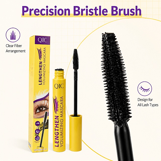 [第2屏] 睫毛膏刷头质地与结构展示页-QIC Lengthening Volumizing Mascara。本屏使用【图4】和【图8】作为商品主体，展示刷头细节。
[氛围/风格] 简约产品摄影，特写质感，真实清晰展示产品结构，客观专业。
[元素布局] 画面分为左右两栏，左侧放置完整开盖产品图，右侧放大展示刷头细节；产品占左侧约70%面积，刷头细节占右侧约80%面积；产品结构、刷头形态、颜色必须与输入图片保持一致；背景搭配浅黄网格装饰，保持干净突出主体。
[光影质感] 顶侧柔光打亮，刷头刷毛清晰呈现纹理，产品外壳保留光泽，整体明暗均匀，细节锐利。
[配色色系] 全局底色 #F6F4F0，主色黄色包装，辅助色紫色文字、黑色刷毛。
[视角构图] 左侧产品斜侧视角，右侧刷头微距特写，分屏对比构图，视觉动线左产品 → 右刷头细节。
[文字版式] 顶部主标题「Precision Bristle Brush」，左侧文字标注 "Clear Fiber Arrangement"，右侧文字标注 "Design for All Lash Types"。文字简洁，不遮挡主体，保持清晰可读。
[比例分辨率] 1:1 方图比例，4K分辨率，高清画质，文字清晰。
[负向提示词] 刷头变形，结构错误，包装文字错乱，颜色偏差，模糊，水印，文字过小。