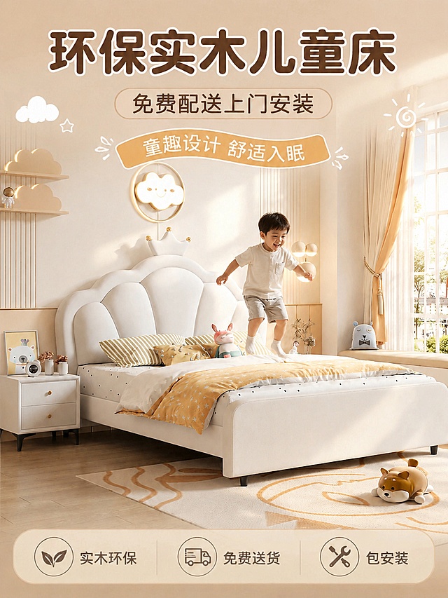 基于原图场景，衍生效果图，保留原有海报文案和产品结构，全实木母婴级环保，低饱和自然风，添加灵动的亲子动态效果：小男孩开心地在床上跳跃玩耍，阳光透过窗户洒进房间，光影灵动，保持低饱和奶油暖色调，所有原有文案完整保留，不遮挡主体产品，画面比例保持3:4。