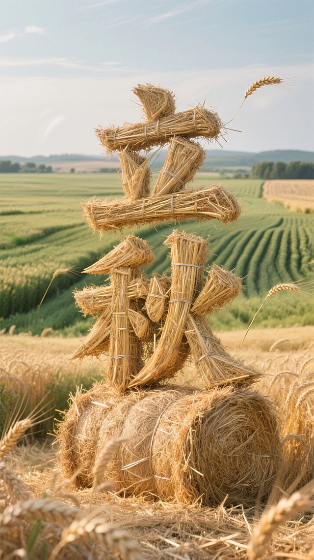 画面视觉中心草垛组成“立秋”竖版大字，背景是大片农田，展示田间氛围