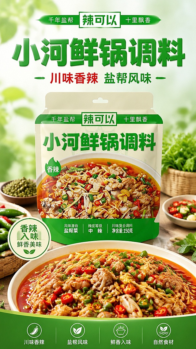「图片1」，生成一套详情页，商品名称为小河鲜锅调料，适配淘宝/天猫平台，单图比例为9:16，需求屏数为8张。