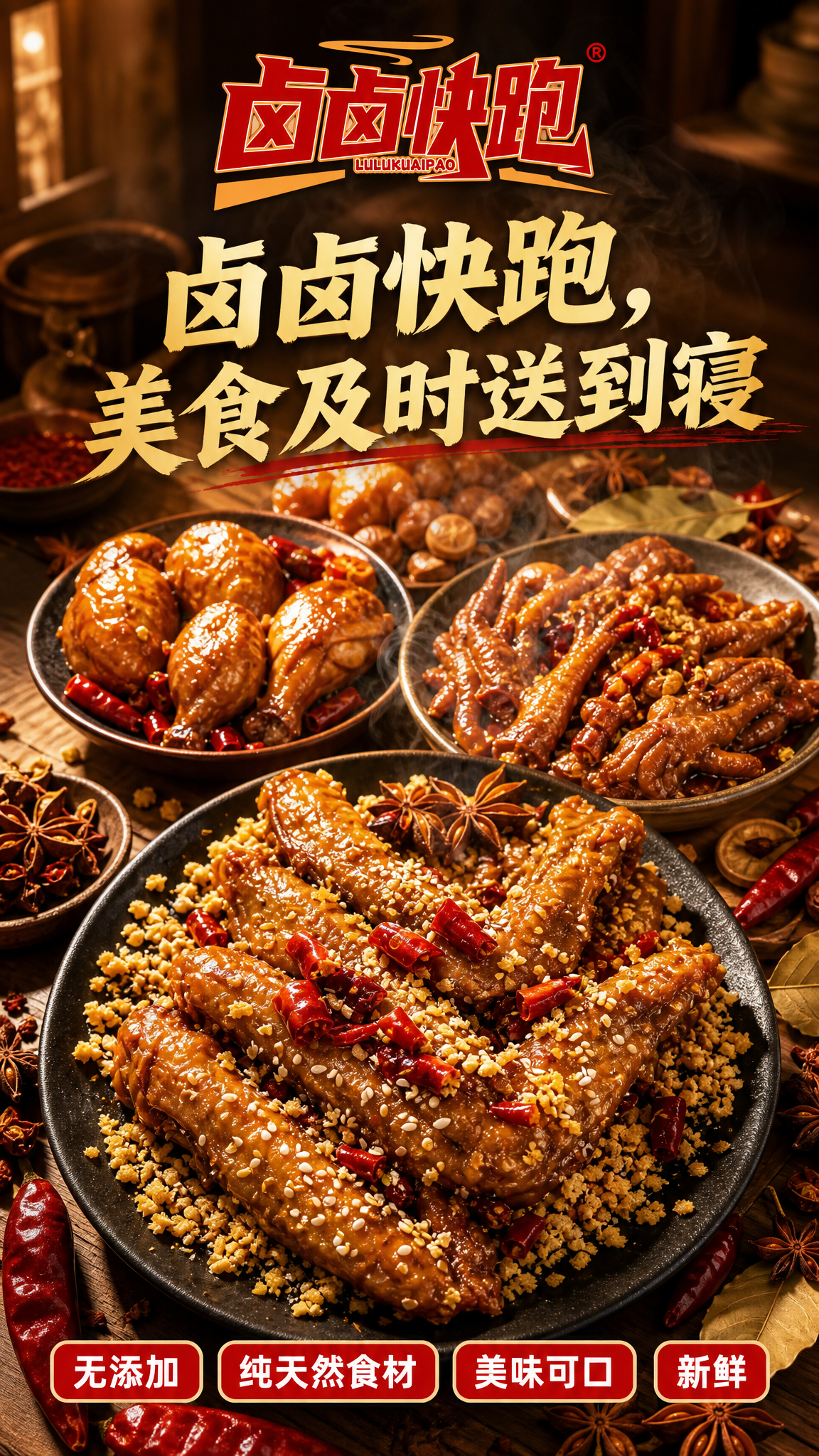 卤味美食宣传海报，多品组合型创意。画面主体是多种卤味组合陈列：… - 图片创意预览