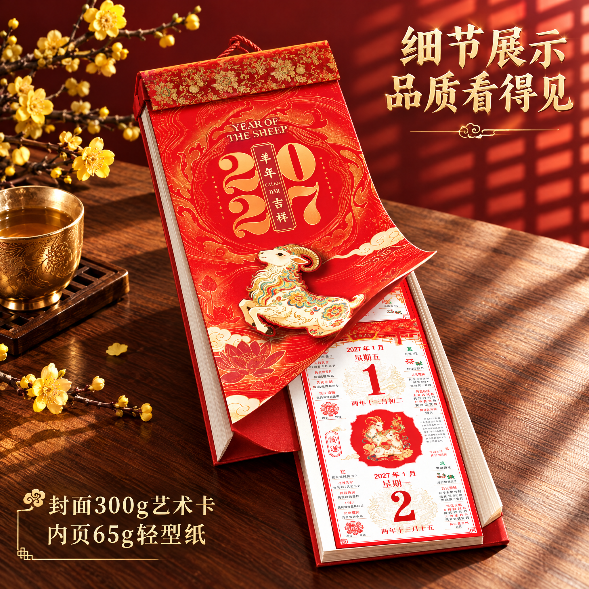 电商淘宝主图，1:1正方形。画面展示中国传统文化双日历撕历（羊… - 图片创意预览