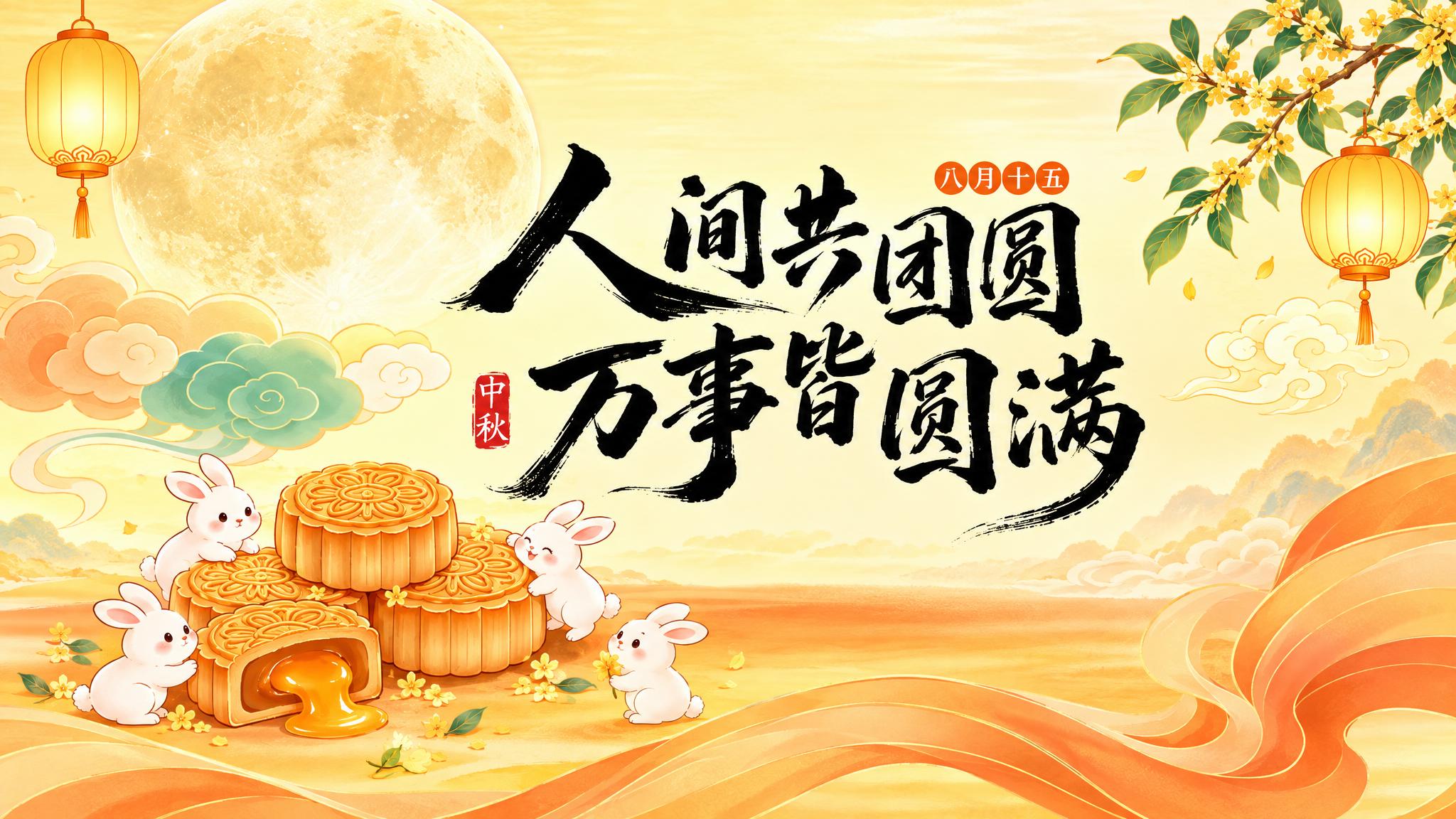 参考图中的中秋国潮插画风格，重新生成16:9横版画面。暖黄渐变… - 图片创意预览